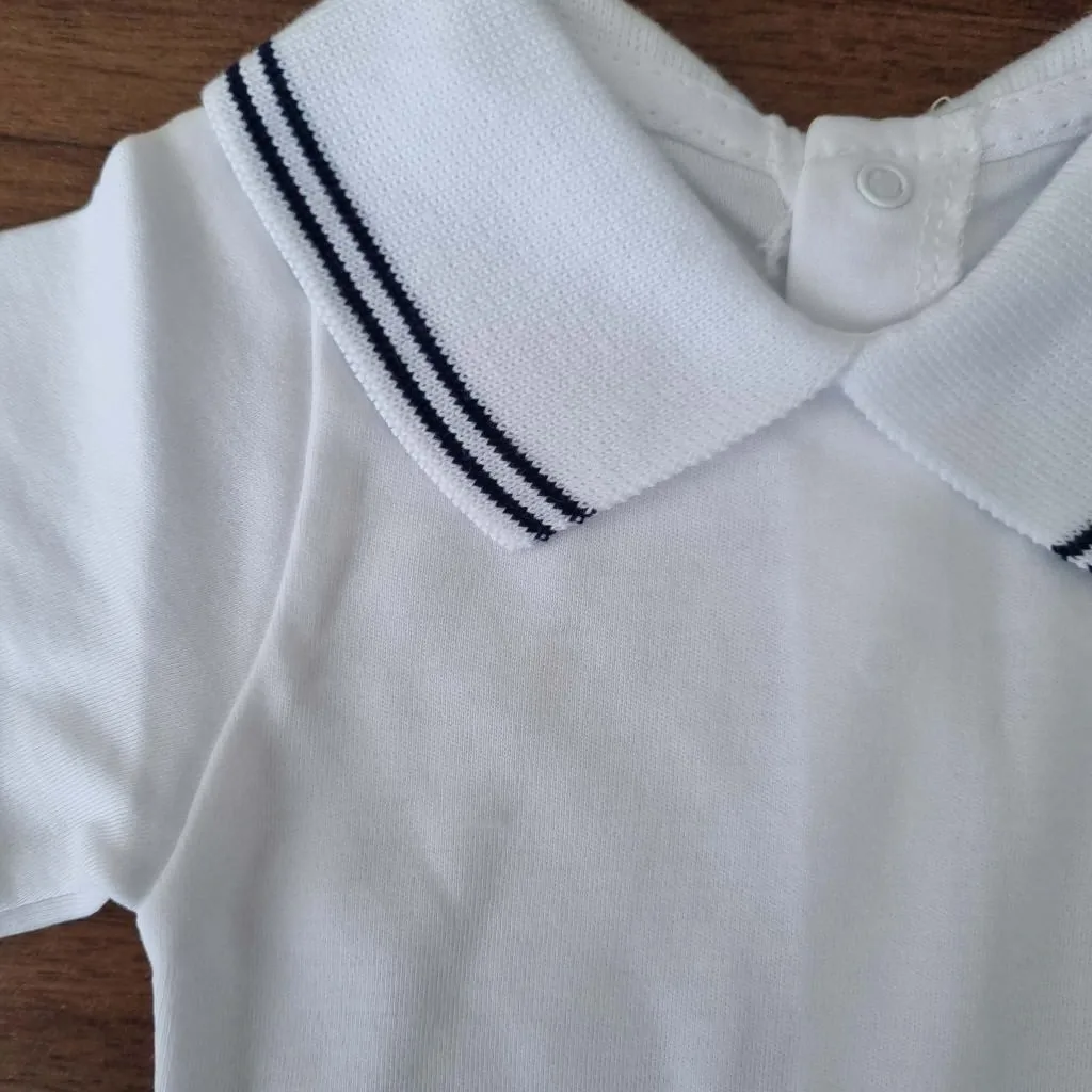 Body Manga Curta Gola Polo com Riscas Azul - Alecrim Jasmim
