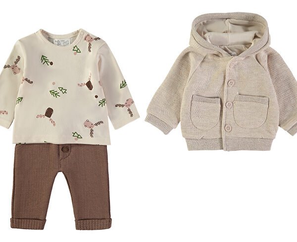 Conjunto 3 peças Babybol com casaco tricot capuz para bebé