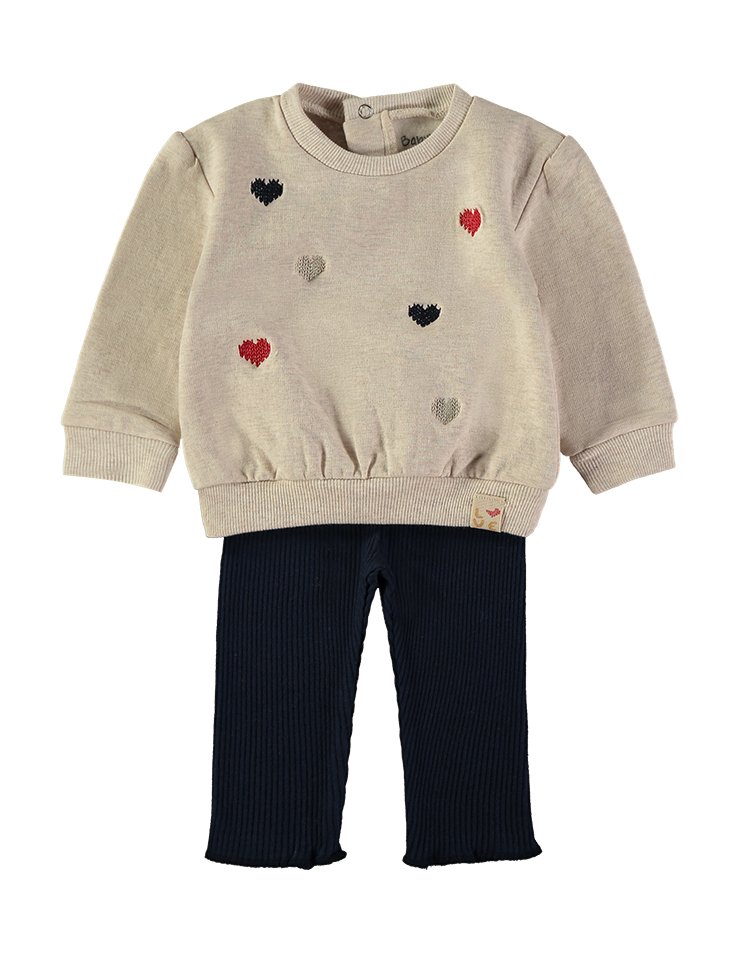 Conjunto Corações Bege Babybol bordado azul-marinho vermelho