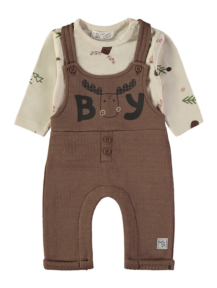 Conjunto Jardineira Bosque Babybol castanho com print Boy