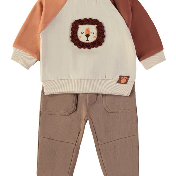 Conjunto Leão Cru Babybol bordado crochet calças castanho