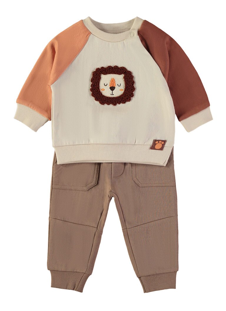 Conjunto Leão Cru Babybol bordado crochet calças castanho