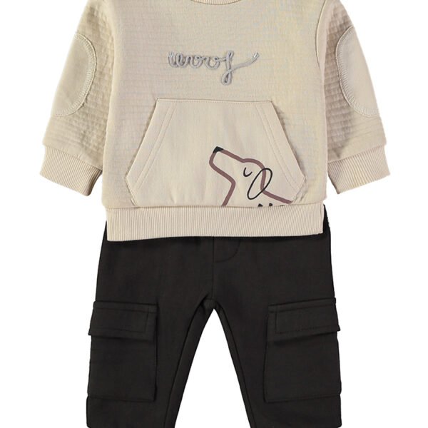 Conjunto Woof Cru Babybol camisola bordada calças cargo pretas
