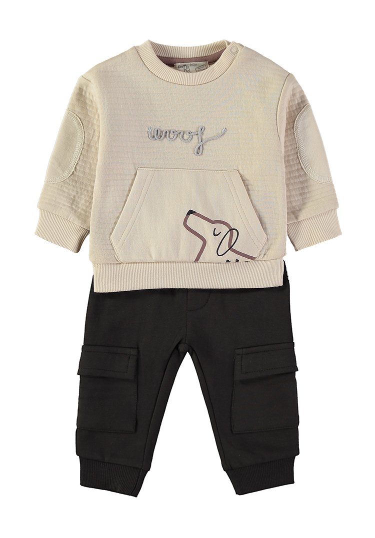 Conjunto Woof Cru Babybol camisola bordada calças cargo pretas