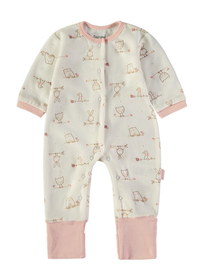 Babygrow Veludo Animaizinhos Babybol cru com punhos rosa