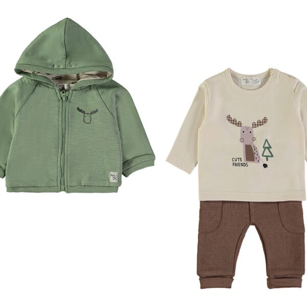 Conjunto 3 Peças Alce Verde Babybol com casaco capuz e calças castanhas