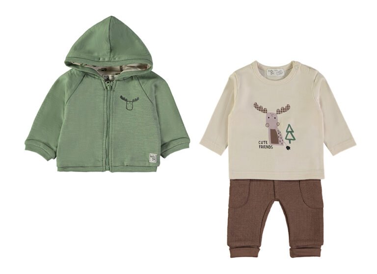 Conjunto 3 Peças Alce Verde Babybol com casaco capuz e calças castanhas