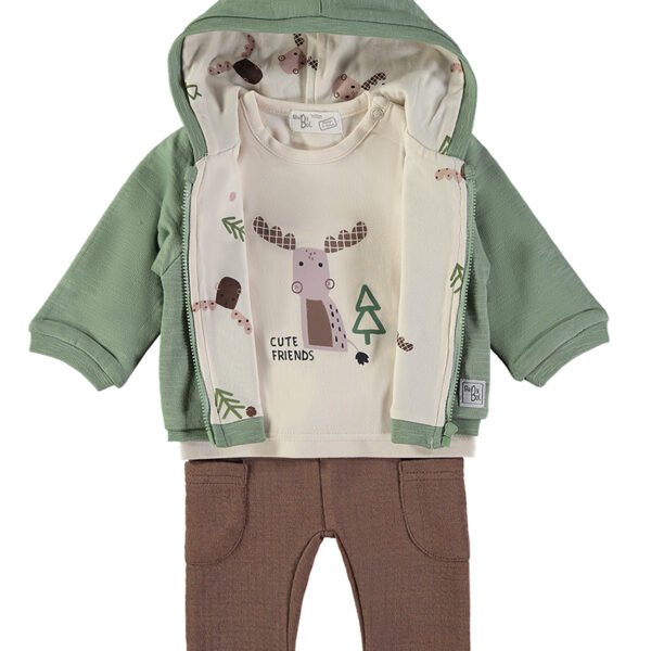 Detalhe da camisola Cute Friends por baixo do casaco Babybol verde