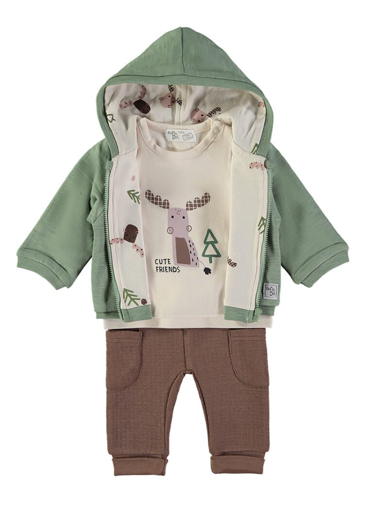 Detalhe da camisola Cute Friends por baixo do casaco Babybol verde