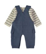 Costas da jardineira Babybol azul com camisola riscas bege