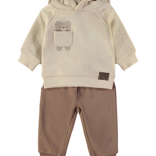 Conjunto Capuz Coala Babybol cru com calças jogger castanhas