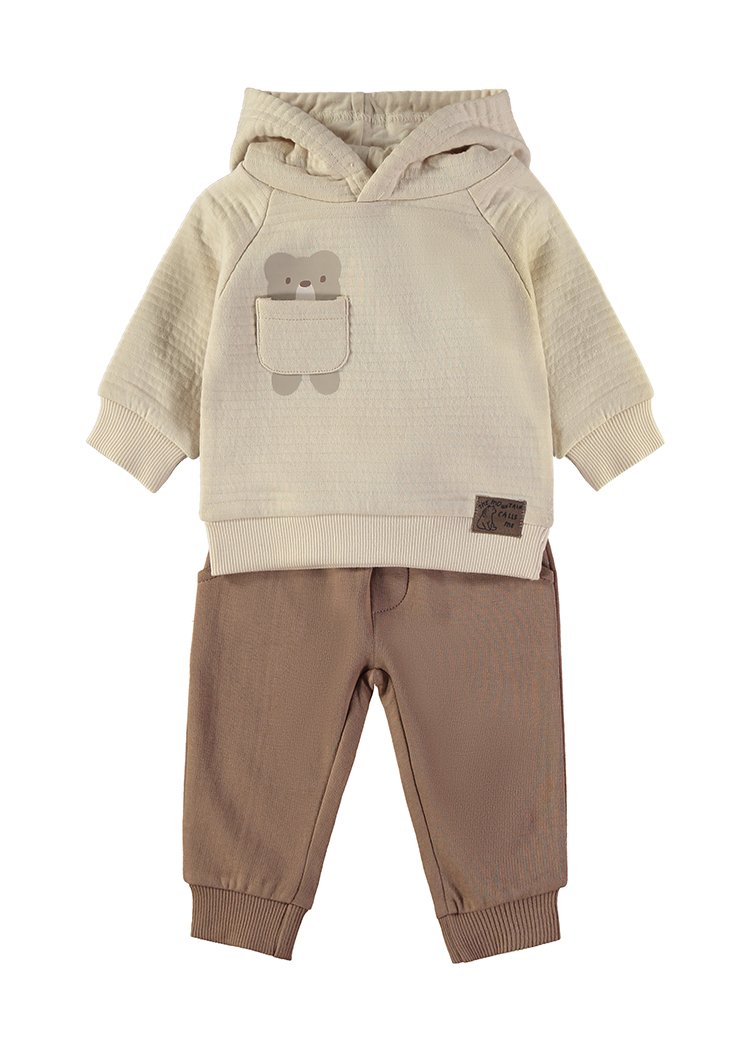 Conjunto Capuz Coala Babybol cru com calças jogger castanhas