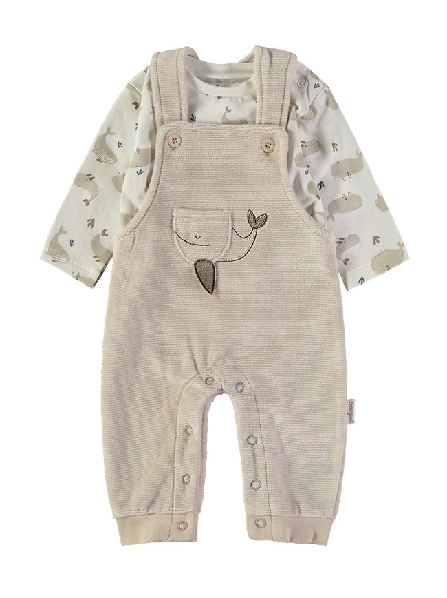 Conjunto Jardineira Baleia Babybol bege com camisola padrão baleias