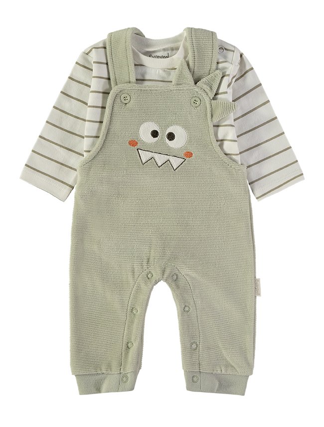 Conjunto Jardineira Monstrinho Babybol verde caqui bordado