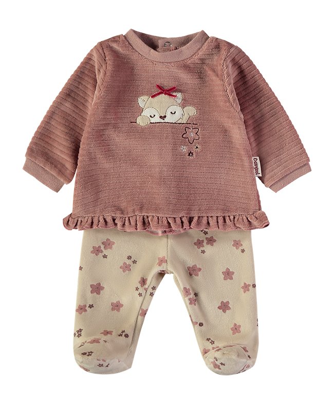 Conjunto Veludo Raposinha Babybol rosa envelhecido com calças florais