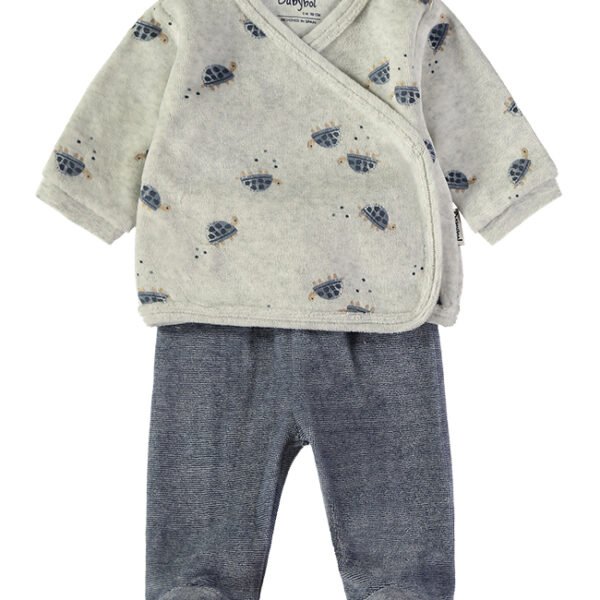 Conjunto Veludo Tartarugas Azul Babybol blusa cruzada e calças