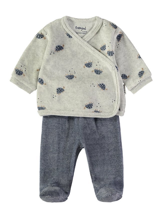 Conjunto Veludo Tartarugas Azul Babybol blusa cruzada e calças